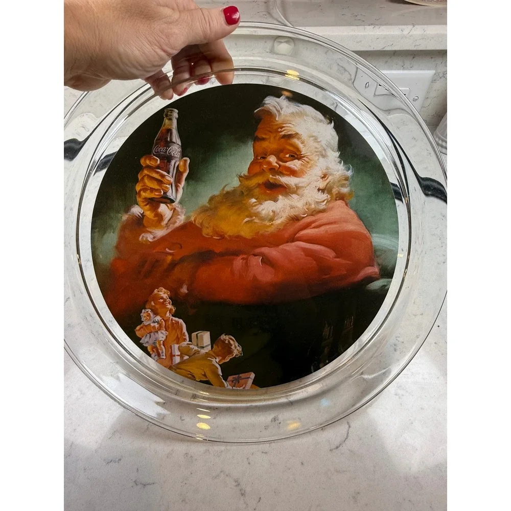 Coca-Cola Santa Claus Glass Serving Platter‎ 13 Inch Vintage Holiday 1954 Art